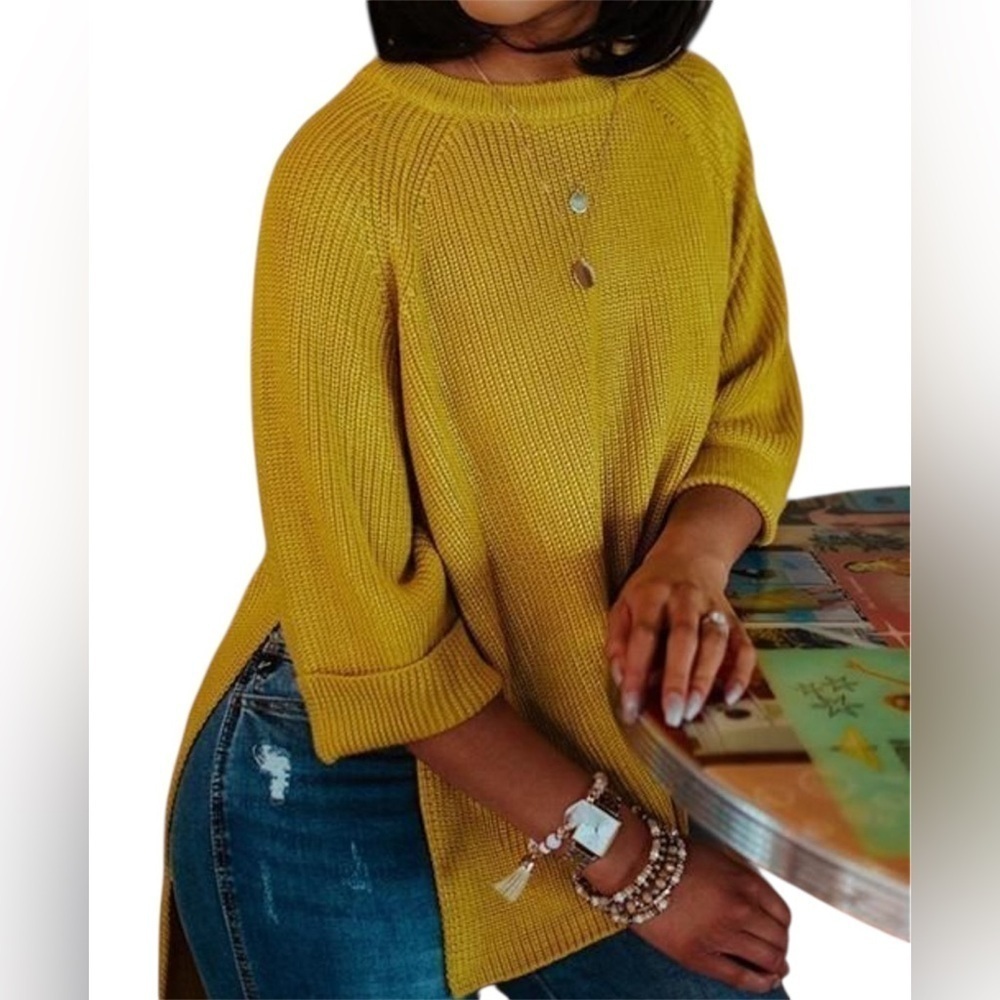 Mote Women's Mustard Yellow Knit Pullover 3/4 Sleeve Casual Sweater S